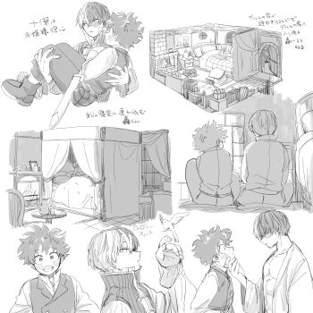 Rule 34 | abs, bed, bedroom, bird, blush, boku no hero academia, carrying, carrying person, chimney, coat, freckles, highres, kyabe2 zkzk, midoriya izuku, multicolored hair, nervous, on bed, open clothes, open coat, pectorals, prince, room, scar, sitting, sleepover, smile, sword, table, tododeku, todoroki shoto, two-tone hair, weapon, yaoi