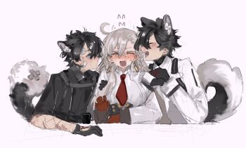 1girl 2boys animal_ear_fluff animal_ears black_hair blush closed_eyes command_spell commentary_request dual_persona fate/grand_order fate_(series) flying_sweatdrops fujimaru_ritsuka_(male) fujimaru_ritsuka_(male)_(decisive_battle_chaldea_uniform) fujimaru_ritsuka_(male)_(polar_chaldea_uniform) gloves grey_hair highres kp3963 looking_at_another multiple_boys necktie olga_marie_animusphere olga_marie_animusphere_(unbeast) open_mouth profile red_necktie simple_background smile tail white_background wolf_boy wolf_ears wolf_tail