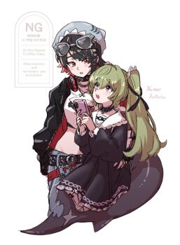 2girls :d alternate_costume belt black_dress black_hair blue_pants casual cellphone choker colored_inner_hair commentary_request corin_wickes crop_top dress ellen_joe eyewear_on_head fins fish_tail frilled_choker frills glasses green_hair highres holding holding_phone long_hair midriff multicolored_hair multiple_girls open_mouth pants phone purple_eyes red_eyes red_hair shark_girl shark_hat shark_tail simple_background smartphone smile tail twintails white_background yumefukura zenless_zone_zero