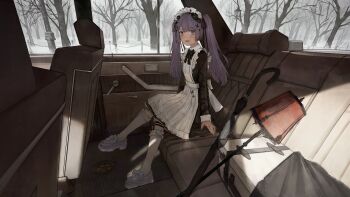 1girl absurdres apron back_bow bare_tree black_bow black_bowtie black_dress black_ribbon black_umbrella blue_eyes blush bow bowtie breasts briefcase car car_interior car_seat closed_umbrella contrast_collar dress footwear_bow frilled_apron frilled_thigh_strap frills hair_ornament hair_ribbon heterochromia highres indie_virtual_youtuber kneehighs lamppost legwear_garter loafers long_hair long_sleeves looking_at_viewer maid maid_apron maid_headdress motor_vehicle open_mouth platform_shoes purple_eyes purple_hair ribbon shoes sitting sleepwalker_(1219954168) small_breasts smile snow socks solo swept_bangs thigh_strap tree twintails umbrella virtual_youtuber watanuki_beleth white_apron white_bow white_headdress white_shoes white_socks winter x_hair_ornament