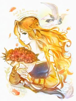 1girl akatamanegi_ill bare_shoulders bird blonde_hair blue_eyes blue_shirt bluesky_username bouquet breasts celes_chere closed_mouth commentary_request cropped_vest dated detached_sleeves falling_petals final_fantasy final_fantasy_vi flower hair_ornament happy_birthday holding holding_bouquet long_hair medium_breasts parted_bangs petals red_flower red_petals red_rose rose shirt sidelocks solo twitter_username upper_body vest wavy_hair yellow_sleeves yellow_vest