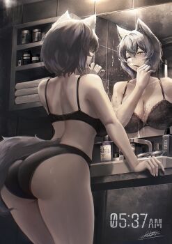 1girl absurdres animal_ears arktic ass aviator_sunglasses back bathroom black_bra black_panties bra breasts cat_ears cat_girl cat_tail cleavage commentary condensation english_commentary faucet fingernails green_eyes grey_hair highres holding holding_toothbrush indoors lace lace-trimmed_bra lace_bra lace_trim large_breasts lingerie makeup messy_hair mirror one_eye_closed original panties reflection shelf short_hair sidelocks signal_(arktic) signature sink soap soap_bottle solo standing sunglasses tail thighs tile_wall tiles timestamp toothbrush towel towel_rack underwear underwear_only unworn_eyewear