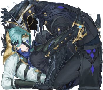 Rule 34 | 2boys, arm up, baby 25252, belt, black belt, black boots, black coat, black gloves, black hair, black helmet, black mask, black pants, blue hair, blue neckerchief, boots, capitano (genshin impact), coat, dottore (genshin impact), flying sweatdrops, from side, genshin impact, gloves, helmet, highres, legs up, long hair, long sleeves, lying, male focus, mask, multiple boys, neckerchief, nervous sweating, on back, open mouth, pants, parted hair, shirt, sweat, white background, white shirt, yaoi