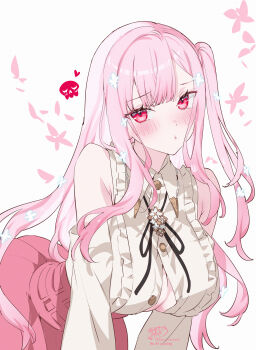 1girl absurdres bare_shoulders black_ribbon blush breasts button_gap cleavage clothing_cutout collared_shirt double-parted_bangs frilled_shirt frills high-waist_skirt highres hololive hololive_english kamiya_maneki large_breasts long_hair looking_at_viewer mori_calliope mori_calliope_(kawaiiope) neck_ribbon official_alternate_costume official_alternate_hairstyle one_side_up partially_unbuttoned pink_hair pink_skirt pout red_eyes ribbon shirt shirt_tucked_in shoulder_cutout signature skirt solo twitter_username virtual_youtuber white_background