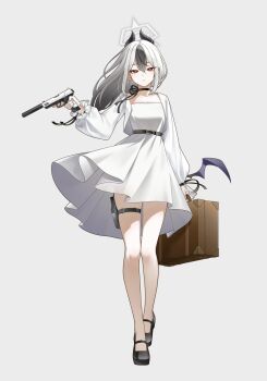 1girl belt belt_buckle black_belt black_hair black_ribbon black_shoes blue_archive briefcase buckle choker closed_mouth dress full_body gun halo handgun highres holding holding_briefcase holding_gun holding_weapon horns kayoko_(blue_archive) long_hair long_sleeves looking_at_viewer low_wings multicolored_hair neck_ribbon pouch red_eyes revebw ribbon ribbon_choker shoes solo standing thigh_pouch weapon white_dress white_hair white_halo wings