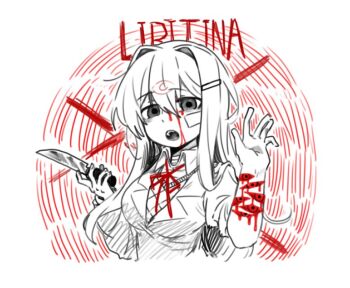 Rule 34 | 1girl, :o, bandaid, bandaid on face, blazer, blood, blood on face, bloody tears, collared shirt, cuts, doki doki literature club, doki doki literature club school uniform, eye print, hair ornament, hair over shoulder, hairclip, hand up, hashtag-only commentary, holding, holding knife, injury, jacket, knife, limited palette, long hair, looking at viewer, neck ribbon, ribbon, school uniform, self-harm, shirt, solo, third eye, ting mong, upper body, vest, wrist cutting, yuri (doki doki literature club)