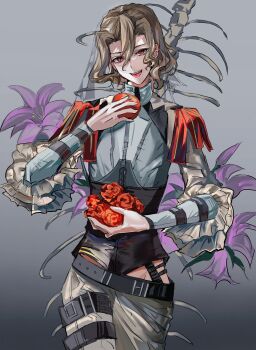 1boy absurdres alternate_costume apple blonde_hair commentary_request fate/grand_order fate_(series) flower food fruit grey_background hair_between_eyes highres holding holding_food holding_fruit looking_at_viewer male_focus michael_roa_valdamjong open_mouth paiwai_zengwu ponytail red_eyes red_flower red_rose rose sidelocks smile standing tarantella_(fate) wavy_hair