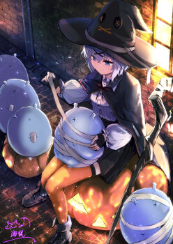 1girl absurdres black_gloves cloak fingerless_gloves gloves halloween hat highres jack-o&#039;-lantern namako_(namacotan) orange_thighhighs original pleated_skirt purple_eyes purple_hair short_hair sitting skirt staff thighhighs witch witch_hat