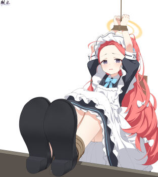 1girl absurdres antenna_hair apron arms_up artist_name bilingual_commentary black_dress black_shoes blue_archive blue_bow blue_bowtie blue_ribbon blush borrowed_clothes bound bound_legs bound_wrists bow bowtie chair chinese_commentary collared_dress commentary_request curled_fingers d: dress feet foot_focus forehead frilled_apron frilled_dress frills furrowed_brow hair_bow hair_ribbon halo headdress highres knees_up legs_together long_hair looking_at_viewer maid maid_headdress millennium_science_school_logo mixed-language_commentary mo_moon multiple_hair_bows official_alternate_costume official_alternate_hairstyle on_chair open_mouth orange_halo parted_lips partial_commentary pixiv_id ponytail power_symbol puffy_short_sleeves puffy_sleeves purple_eyes red_hair restrained ribbon shoe_soles shoes short_sleeves simple_background sitting solo very_long_hair white_apron white_background white_bow white_headdress yuzu_(blue_archive) yuzu_(maid)_(blue_archive)