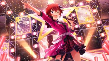 1girl ;d arm_up audience belt belt_buckle black_bow black_thighhighs blue_eyes blush boots bow bracelet breasts buckle checkered_clothes checkered_skirt concert confetti cowboy_shot cowlick dutch_angle frills garter_straps glowstick hair_between_eyes hair_bow hair_ornament holding holding_microphone idol idol_clothes idolmaster idolmaster_million_live! idolmaster_million_live!_theater_days index_finger_raised indoors jacket jewelry julia_(idolmaster) lace_trim lens_flare looking_afar microphone music necklace official_art one_eye_closed open_mouth pointing pointing_up red_hair red_jacket shirt short_hair short_sleeves singing single_thighhigh skirt smile solo speaker stage stage_lights standing thighhighs