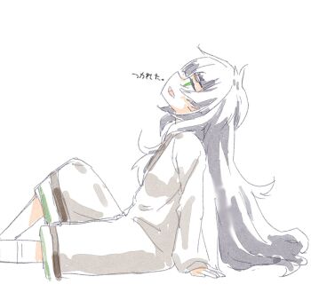 arm_support blunt_bangs bored collar green_collar green_eyes green_hair green_trim highres hiyajou_maho long_hair long_sleeves looking_up messy_hair open_mouth sadarann science_adventure shirt sitting steins;gate steins;gate_0 thick_eyebrows tongue very_long_hair