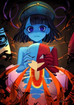 1girl black_hair blue_skin blunt_bangs blunt_ends bob_cut colored_skin commentary ena:_dream_bbq ena_(dream_bbq) ena_(series) ena_(species) english_commentary fingernails green_hat hangover_ena hat highres holding holding_mask hole_in_stomach hole_on_body lips looking_at_viewer mask multicolored_skin nude parted_lips red_skin salesperson_ena solo surreal two-tone_skin unworn_mask usagimarumei