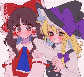 2girls ascot black_hat black_vest blonde_hair blue_ascot blush bow braid brown_eyes brown_hair commentary_request detached_sleeves frilled_bow frilled_hair_tubes frills grin hair_bow hair_tubes hakurei_reimu hat hat_bow highres kirisame_marisa long_hair long_sleeves multiple_girls petal_print phantasmagoria_of_flower_view print_bow purple_bow red_bow ribbon-trimmed_sleeves ribbon_trim side_braid single_braid smile tamiko_(tamik0224) touhou vest witch_hat yellow_eyes