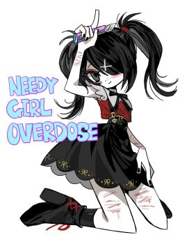 1girl ame-chan_(needy_girl_overdose) ankle_boots arm_up bare_arms bare_shoulders black_boots black_bow black_bowtie black_hair black_nails black_skirt black_socks blood blush boots bow bowtie boxcutter closed_mouth colored_skin copyright_name eyeshadow flipped_hair grey_eyes hair_ornament hair_over_one_eye hair_tie hand_on_own_thigh hashtag-only_commentary high-waist_skirt highres holding holding_boxcutter index_finger_raised kneehighs kneeling long_hair looking_at_viewer makeup miniskirt nail_polish needy_girl_overdose red_eyeshadow red_shirt self-harm shirt simple_background skirt sleeveless sleeveless_shirt smile socks solo twintails white_background white_skin wktmqtj x_hair_ornament