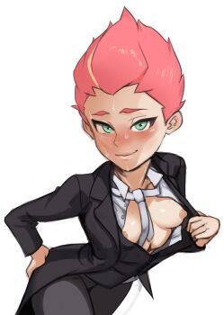 1girl amanda_o&#039;neill breasts crossdressing crossdressing_(ftm) female_focus flashing formal_clothes green_eyes hand_on_ass highres little_witch_academia looking_at_viewer multicolored_hair necktie nipples orange_hair polyle red_hair simple_background solo suit tailcoat tomboy two-tone_hair