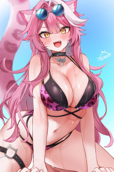 1girl animal_ears animal_print bikini black_choker blue_sky blush breasts choker day fangs festa11307070 hair_intakes hololive hololive_english huge_breasts leopard_print leopard_print_bikini long_hair looking_at_viewer navel open_mouth panther_ears panther_girl panther_tail pink_bikini pink_hair pink_tail print_bikini raora_panthera signature sky smile solo stomach sunglasses swimsuit tail teeth thighs upper_teeth_only virtual_youtuber wet yellow_eyes