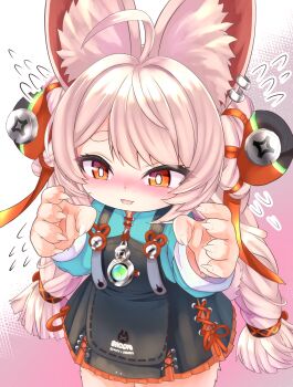 1girl animal_ear_fluff animal_ears black_dress blush braid bright_pupils commentary_request dress furry furry_female green_shirt highres looking_at_viewer ninoji open_mouth pink_fur pink_hair rabbit_ears rabbit_girl red_eyes shirt solo twin_braids white_pupils zenless_zone_zero zhao_(zenless_zone_zero)