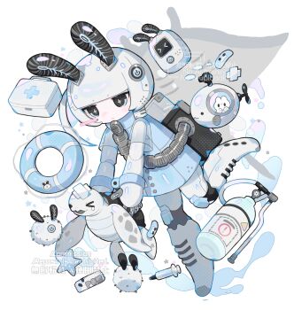 &gt;_&lt; 1other :&lt; absurdres androgynous animal_ears black_eyes commentary_request commission cotono_(nazekun) highres lifebuoy manta_ray original oxygen_tank rabbit_ears robot sea_turtle simple_background skeb_commission standing standing_on_one_leg swim_ring syringe tagme turtle watermark white_background