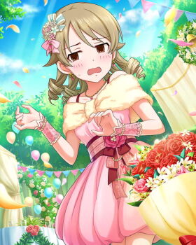 1girl balloon bell brown_eyes brown_hair card_(medium) cloud cup dress earrings flag flower game_asset hair_ornament idolmaster idolmaster_cinderella_girls jewelry morikubo_nono necklace official_art open_mouth petals ringlets solo sunlight table tears