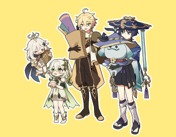 2boys 2girls absurdres aether_(genshin_impact) ahoge anklet aranara_(genshin_impact) armlet armor bag black_bodysuit black_boots black_bridal_gauntlets black_cape black_hair black_sandals black_shirt black_shorts blonde_hair bloomers blue_cape blue_hat blue_sleeves blunt_ends bodysuit boots bridal_gauntlets bridal_legwear bright_pupils brown_pants cape carpet clenched_hand closed_eyes closed_mouth colored_tips cropped_shirt cross-shaped_pupils detached_sleeves dress earrings eyelashes eyeliner eyeshadow facing_another feather_earrings feathers floating food food_on_face food_wrapper full_body furisode gem genshin_impact gold gold_halo gold_ring gold_trim green_cape green_eyes green_gemstone green_hair green_sleeves hair_between_eyes hair_ornament hakama hakama_shorts half_crown_braid halo hat highres holding holding_bag holding_food holding_skewer japanese_armor japanese_clothes jewelry jingasa kimono knee_boots kote kurokote layered_sleeves leaf leaf_hair_ornament leg_warmers levitation long_hair makeup mechanical_halo middle_ring midriff_peek multicolored_hair multiple_boys multiple_girls nahida_(genshin_impact) open_mouth outline paimon_(genshin_impact) pants paper_bag pigeon-toed pita_(food) pleated_shorts purple_eyes red_eyeliner red_eyeshadow romper sandals scaramouche_(genshin_impact) scarf shirt shish_kebab short_hair short_hair_with_long_locks short_sleeves shorts side_ponytail sidelocks single_thighhigh skewer socks standing stirrup_legwear streaked_hair stuffed_toy symbol-shaped_pupils tareme tassel thighhighs toeless_legwear toeless_socks toes tsurime turtleneck turtleneck_bodysuit underwear wamin wanderer_(genshin_impact) white_bloomers white_dress white_hair white_leg_warmers white_outline white_pupils white_romper white_scarf white_sleeves white_socks white_thighhighs white_trim yellow_eyes zouri