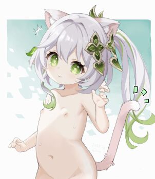 1girl 2025 20s animal_ears blush cat_ears cat_girl cat_tail collarbone december flat_chest flower flower-shaped_pupils genshin_impact green_eyes green_flower green_hair grey_hair hair_flower hair_ornament highres leaf_hair_ornament loli long_hair looking_at_viewer m-eine multicolored_hair nahida_(genshin_impact) navel nipples nude pointy_ears side_ponytail solo standing streaked_hair sweat symbol-shaped_pupils tail upper_body