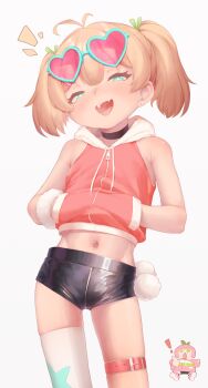 2girls bike_shorts blonde_hair blue_eyes blush choker ear_piercing fang glasses green_eyes gyaru hair_ornament hands_in_pockets heart_glasses highres hood hoodie loli looking_at_viewer messy_hair mesugaki midriff mole mole_on_thigh mole_under_eye multiple_girls navel open_mouth original peachyp piercing pink_hair pointing short_shorts shorts simple_background single_thighhigh star-shaped_pupils star_(symbol) symbol-shaped_pupils thighhighs twintails white_background yuzu_(peachyp)