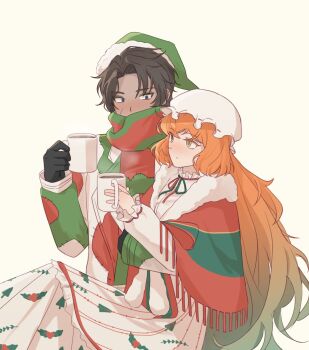 1boy 1girl black_gloves blush brown_hair christmas christmas_nightmare_(e.g.o) cup dark-skinned_male dark_skin dress e.g.o_(project_moon) frilled_dress frilled_hat frills fur-trimmed_headwear fur_trim gloves glwkddl gradient_hair green_hat hat heathcliff_(project_moon) highres holding holding_cup holiday_(e.g.o) ishmael_(project_moon) limbus_company long_hair looking_at_another mob_cap multicolored_hair neck_ribbon orange_eyes orange_hair patchwork_clothes project_moon purple_eyes ribbon santa_hat scar scar_on_face scarf short_hair simple_background sitting steam two-tone_scarf very_long_hair white_background white_dress white_hat