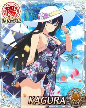 1girl arm_behind_back bikini black_dress black_eyes black_hair blue_pupils border breasts card_(medium) character_name closed_mouth day dress falling_petals floral_print flower flower-shaped_pupils game_cg hand_on_headwear hat hat_flower kagura_(senran_kagura) large_breasts long_hair looking_at_viewer official_art petals pink_flower senran_kagura senran_kagura_new_wave smile solo sun_hat swimsuit swimsuit_cover-up symbol-shaped_pupils third-party_source very_long_hair white_bikini white_hat