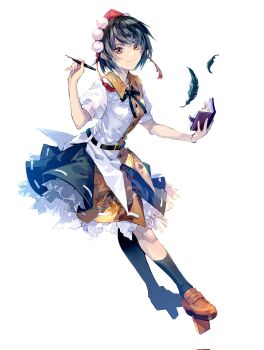 Rule 34 | 1girl, black skirt, book, commentary request, feathers, full body, geta, hat, highres, holding, holding book, holding pen, koma midori, leaf print, looking at viewer, maple leaf print, pen, puffy short sleeves, puffy sleeves, red eyes, red hat, shameimaru aya, shirt, short hair, short sleeves, skirt, smile, solo, tokin hat, touhou, white background, white shirt