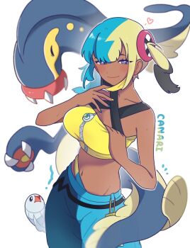 1girl aqua_hair bandeau bare_shoulders black_mask blonde_hair blue_pants blush breasts canari_(pokemon) center-flap_bangs cleavage closed_mouth collarbone criss-cross_halter criss-cross_straps crop_top eelektross gen_5_pokemon halterneck heart highres large_breasts looking_at_viewer mask mask_pull mega_stone midriff mouth_mask multicolored_hair navel ni12345670 nintendo pants pokemon pokemon_legends:_z-a short_twintails smile split-color_hair twintails two-tone_hair two-tone_mask tynamo yellow_bandeau yellow_mask