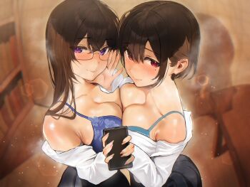 2girls aqua_bra black_skirt blue_bra bookshelf bra breasts brown_hair cellphone cleavage closed_mouth collarbone commentary_request glasses highres holding holding_phone inushima large_breasts lens_flare library long_hair looking_at_viewer mole mole_under_eye mole_under_mouth multiple_girls original phone purple_eyes red_eyes school_uniform shirt short_hair sidelocks skirt smartphone smile standing steam table underwear white_shirt