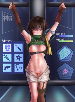 1girl angry armor armpits arms_up assisted_exposure asymmetrical_gloves asymmetrical_legwear black_gloves black_straps black_thighhighs blush bound bound_wrists bra bra_lift breasts brown_eyes brown_gloves brown_hair brown_shorts captured chest_harness clothes_lift clothes_pull commentary covered_mouth cropped_sweater curled_fingers dripping elbow_gloves embarrassed feet_out_of_frame final_fantasy final_fantasy_vii fingerless_gloves forehead_protector gameplay_mechanics garter_straps glaring gloves graph green_headband green_sweater groin hallway harness headband health_bar highres icon_(computing) indoors looking_at_viewer midriff navel nipples nose_blush open_clothes open_fly open_shorts panties panty_pull pauldrons pink_bra pink_panties pussy_juice pussy_juice_trail radar_chart restrained ribbed_sweater rope scarf scowl short_hair shorts shorts_pull shoulder_armor single_pauldron single_thighhigh sleeveless sleeveless_turtleneck small_breasts solo standing stats steel_beam sweat sweatdrop sweater swept_bangs thigh_gap thigh_strap thighhighs toned toned_female translated trembling turtleneck turtleneck_sweater underwear upturned_eyes v-shaped_eyebrows yellow_scarf ym_(a901) yuffie_kisaragi