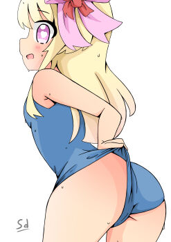 absurdres ass blush chaos_marie_(grimms_notes) grimms_notes heart heart-shaped_pupils highres lilisstrip looking_at_viewer old_school_swimsuit open_mouth pink_eyes school_swimsuit smile swimsuit symbol-shaped_pupils wet