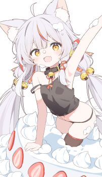 1girl :d absurdres ahoge animal_ear_fluff animal_ears arm_up armpits bare_shoulders bell black_camisole black_collar black_panties blush brown_thighhighs cake camisole collar commentary_request commission cowboy_shot dot_nose fang food food_on_face fox_ears fox_girl fox_tail grey_hair hair_bell hair_ornament highres in_food long_hair looking_at_viewer low_twintails multicolored_hair navel neck_bell no_pants open_mouth original outstretched_arm panties red_streaks simple_background skeb_commission skin_fang sleeveless smile solo strap_slip streaked_hair tail thighhighs twintails underwear urotsuki_(ku9625) white_background yellow_eyes