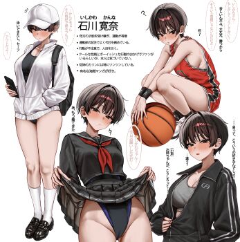 1girl ? absurdres ball baseball_cap basketball_(object) basketball_uniform black_eyes black_hair black_jacket black_one-piece_swimsuit black_sailor_collar black_serafuku black_skirt black_socks blush breasts cameltoe cleavage clothes_lift coat commentary_request competition_swimsuit double_vertical_stripe full_body grey_sports_bra gwan-e hat highres jacket lifting_own_clothes loafers long_sleeves looking_at_viewer medium_breasts multiple_views one-piece_swimsuit original red_shirt sailor_collar school_uniform serafuku shirt shoes short_hair skirt skirt_lift sleeveless sleeveless_shirt socks speech_bubble sports_bra sportswear squatting swimsuit thighs translation_request white_coat white_shoes