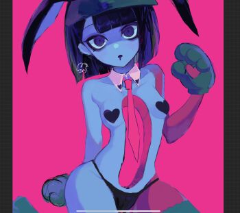 1girl alternate_costume animal_ears animal_hands black_hair black_panties blue_skin blunt_bangs blunt_ends bob_cut colored_skin commentary drooling ena:_dream_bbq ena_(dream_bbq) ena_(series) ena_(species) gloves green_hat hangover_ena hat heart_pasties highres hole_in_stomach hole_on_body looking_at_viewer mouth_drool multicolored_skin multiple_girls panties pasties paw_gloves playboy_bunny procreate_(medium) procreate_(software) rabbit_ears red_skin simple_background solo symbol-only_commentary two-tone_skin underwear usagimarumei