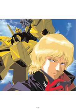 Rule 34 | 1990s (style), 1boy, absurdres, aeug, blonde hair, blue eyes, cable, char aznable, cloud, cloudy sky, gundam, highres, hyaku shiki, kitazume hiroyuki, magazine scan, mecha, military rank insignia, military uniform, mobile suit, mullet, official art, perspective, promotional art, quattro bajeena, radio antenna, red eyes, removing eyewear, retro artstyle, robot, roundel, scan, science fiction, sky, soldier, thrusters, traditional media, vernier thrusters, vest, zeta gundam