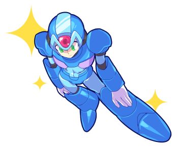Rule 34 | 1boy, android, armor, blue armor, blue helmet, commentary request, forehead jewel, from above, full body, g nm k, green eyes, helmet, korean commentary, male focus, mega man (series), mega man x (series), simple background, solo, white background, x (mega man)