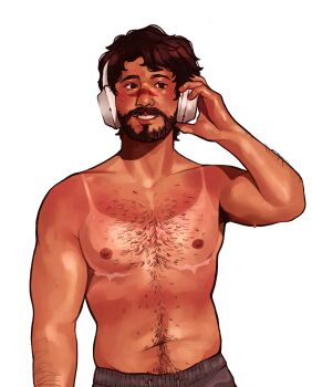 1boy arm_hair armpit_hair bara beard brown_eyes brown_hair cowboy_shot dragon_age dragon_age_2 facepaint facial_hair facial_mark full_beard garrett_hawke headphones heat_stroke_photoshoot_(meme) highres kittyoperas male_chest male_focus mastectomy_scar mature_male meme muscular muscular_male navel_hair scar scar_on_chest short_hair simple_background smile solo sunburn sweat tan thick_navel_hair topless_male wavy_hair white_background