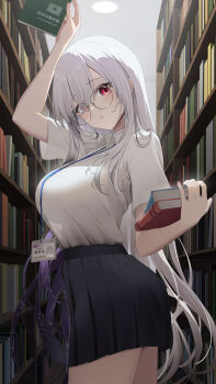 1girl arm_up black_skirt blush book bookshelf breasts ceiling_light collared_shirt commentary_request constellation_print earendel_(jishenkong_jihua) from_side glasses gradient_hair hair_between_eyes head_tilt high-waist_skirt highres holding holding_book id_card indoors jishenkong_jihua lanyard large_breasts library long_hair looking_at_viewer miniskirt multicolored_hair parted_lips purple_hair red_eyes ri_qing round_eyewear see-through_silhouette shirt shirt_tucked_in short_sleeves sidelocks skirt solo standing tented_shirt thighs very_long_hair virtual_youtuber white_background white_shirt