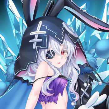 1girl animal_hood black_hood breasts cirnos colored_eyelashes dakimakura_(medium) date_a_live eyepatch himekawa_yoshino himekawa_yoshino_(inverse) hood long_hair looking_at_viewer petite rabbit_hood red_eyes small_breasts solo white_hair