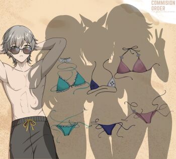 1boy 3girls abs absurdres arms_behind_head arms_up beach bikini caelus_(honkai:_star_rail) centauri-d commentary commission day dressed_shadow_(meme) drooling empty_eyes english_commentary firefly_(honkai:_star_rail) grey_hair hair_between_eyes highres honkai:_star_rail honkai_(series) implied_nudity lying male_swimwear march_7th_(honkai:_star_rail) meme mouth_drool multiple_girls on_back on_ground outdoors parted_lips sand second-party_source shadow short_hair silver_wolf_(honkai:_star_rail) stomach sunglasses swimsuit toned toned_male trailblazer_(honkai:_star_rail) unworn_bikini unworn_bikini_bottom unworn_bikini_top unworn_clothes v yellow_eyes