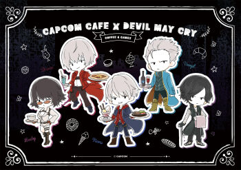 1girl 4boys bad_id black_background black_coat black_hair blue_coat boots bottle cane capcom character_name chibi coat copyright_name cup dante_(devil_may_cry) devil_may_cry devil_may_cry_(series) devil_may_cry_3 devil_may_cry_4 devil_may_cry_5 drinking_glass dual_persona food highres holding holding_food holding_pizza jacket lady_(devil_may_cry) multiple_boys nero_(devil_may_cry) official_art one_eye_closed pants pizza red_coat shorts tinted_eyewear tray v_(devil_may_cry) vergil_(devil_may_cry) white_hair white_jacket white_shorts wine_bottle wine_glass