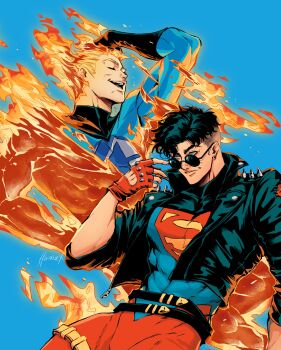 2boys blonde_hair blue_bodysuit bodysuit dc_comics fantastic_four fire gloves highres hwanzx jacket johnny_storm male_focus marvel multicolored_bodysuit multiple_boys muscular open_mouth short_hair smile sunglasses superboy superhero_costume superman_(series) two-tone_bodysuit