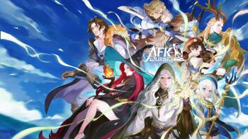 3boys 4girls :o absurdly_long_hair absurdres afk_(series) afk_journey ahoge amulet antlers armor belt belt_pouch beret black_dress black_hat black_shirt black_shorts blonde_hair blue_cloak blue_eyes blue_hat blue_sky blue_tunic blunt_ends braid breastplate brown_belt brown_cape brown_eyes brown_gloves brown_hair brown_shorts cape cassadee_(afk) cloak closed_mouth cloud collared_shirt commentary copyright_logo copyright_name day deer_antlers dress earrings eironn_(afk) english_commentary eyelashes eyeshadow facial_mark facial_scar fay_(afk) fire forehead_mark full_armor fur-trimmed_cape fur_trim gauntlets gloves gold_necklace gold_trim green_eyes green_shoes half_up_braid hand_up hat high_heels highres holding holding_staff holding_sword holding_wand holding_weapon hood hood_up hooded_robe horns horse horseback_riding jewelry lips lipstick logo long_hair long_sleeves looking_at_viewer low_twintails mage_staff magic makeup merlin_(afk) mirael_(afk) mountainous_horizon multiple_boys multiple_girls necklace official_art open_mouth orange_hat outdoors outstretched_arm pants parted_bangs parted_hair parted_lips pauldrons pointy_ears pouch profile puffy_short_sleeves puffy_shorts puffy_sleeves purple_hair pyrokinesis red_hair red_lips riding robe scar scar_on_cheek scar_on_face serious shirt shoes short_hair short_shorts short_sleeves shorts shoulder_armor side_slit sideways_glance sky smile smirk staff sword temesia_(afk) tjulywoods tunic twintails valen_(afk) vambraces very_long_hair wand wavy_hair weapon white_hair white_pants white_robe white_shirt wide_sleeves witch_hat