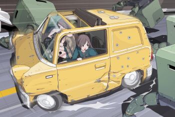 Rule 34 | 2girls, aqua shorts, bullet hole, car, driving, gear shift, green serafuku, highres, jacket, kei car, long hair, motor vehicle, multiple girls, non-humanoid robot, open mouth, original, ponytail, robot, school uniform, seatbelt, serafuku, short shorts, shorts, steering wheel, sukabu, vehicle chase, windshield, yellow car