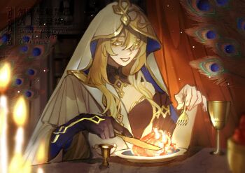 1girl blackmieu blonde_hair blurry candle commentary cup depth_of_field detached_collar dress eating english_commentary fire fork genshin_impact glint heart highres holding holding_fork holding_knife indoors knife light_particles long_hair looking_down plate rhinedottir_(genshin_impact) shade sitting smile solo table teeth upper_body veil yellow_eyes