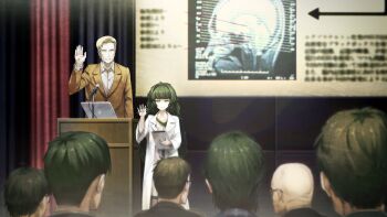 1boy 1girl 6+others alexis_leskinen bald blonde_hair blunt_bangs brown_jacket buttons closed_mouth clothing_request coat collar collarbone collared_shirt computer crowd curtains dress flat_chest from_behind game_cg glasses green_collar green_eyes green_hair green_trim grey_dress grin hand_up height_difference highres hiyajou_maho holding holding_tablet_pc hood hood_down hoodie huke jacket lab_coat lapels laptop long_hair long_sleeves looking_at_another messy_hair microphone multiple_others nape non-web_source notched_lapels official_art rabbit_zipper ringed_eyes science_adventure shirt short_hair smile square_pupils standing steins;gate steins;gate_0 tablet_pc thick_eyebrows very_long_hair very_short_hair white_coat white_shirt