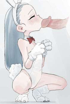 1boy 1girl animal_ears animal_hands bow bowtie closed_eyes decensored detached_collar fellatio flat_chest forehead gloves grey_hair hairband hetero highres loli long_hair nicora oral original paw_gloves penis playboy_bunny rabbit_ears rabbit_tail red_bow red_bowtie simple_background spread_legs squatting tail third-party_edit uncensored white_background