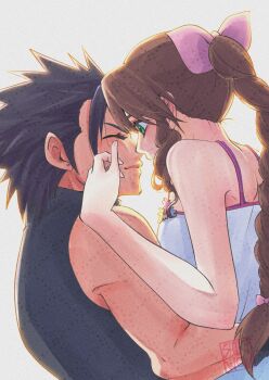 1boy 1girl aerith_gainsborough bare_arms bare_shoulders black_hair blue_sweater braid braided_ponytail brown_hair closed_eyes closed_mouth commentary_request couple crisis_core:_final_fantasy_vii dress drill_hair drill_sidelocks facing_another final_fantasy final_fantasy_vii from_side green_eyes grey_background hand_on_another&#039;s_cheek hand_on_another&#039;s_face highres long_hair looking_at_another pink_hair ponytail profile shikiwo sidelocks sleeveless sleeveless_turtleneck spiked_hair sweater turtleneck turtleneck_sweater upper_body white_dress zack_fair